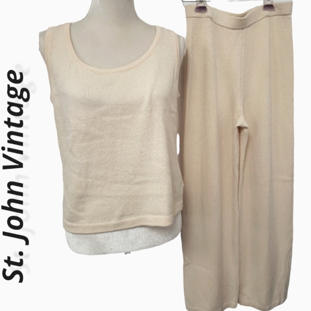 St. John Evening Vtg Pant & Tank Suit Winter Ivory Knit Small sz 2 See Details - Picture 2 of 12
